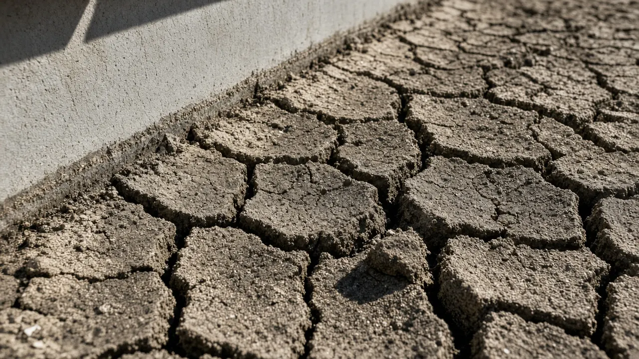Dry, cracked expansive clay soil beside a slab foundation