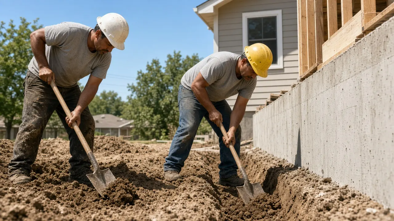 Crew excavating beside a home foundation